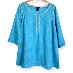 Lane Bryant Teal 100% Linen Embroidered Henley 3/4 Sleeve Tunic Women's 14/16W